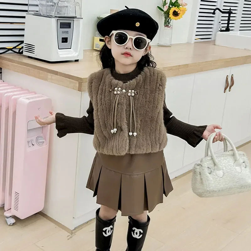 

Girls Clothes Suit Girl Dress Set Skirt Autumn Winter 2023 New Style Children Imitation Fur Vest Fashion Fashion Three-piece Set