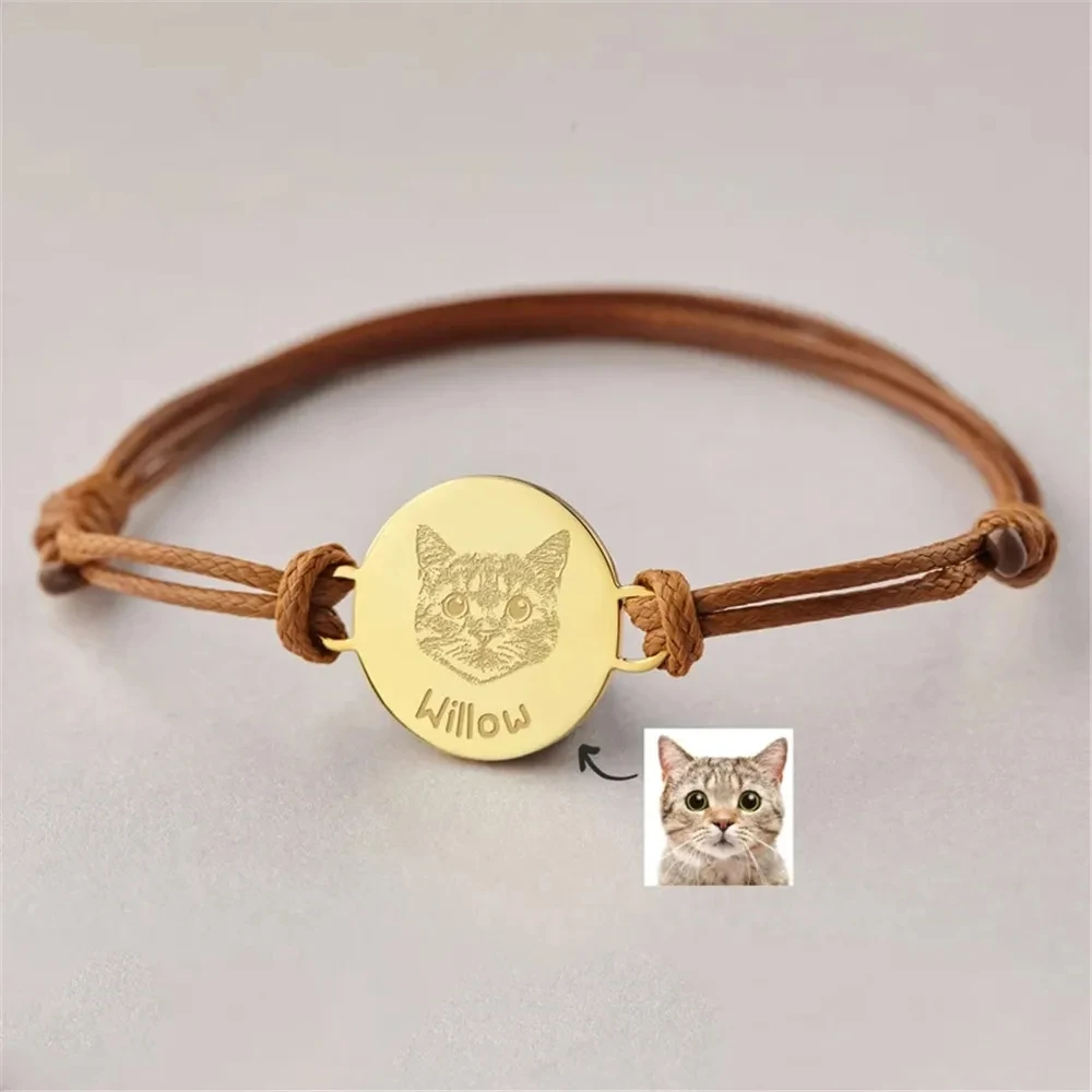 Hot Sale Custom Stainless Steel Pet Portrait Bracelets For Women Round Dog Photo Name Engraved Pet Owner Lover Bracelet Gifts