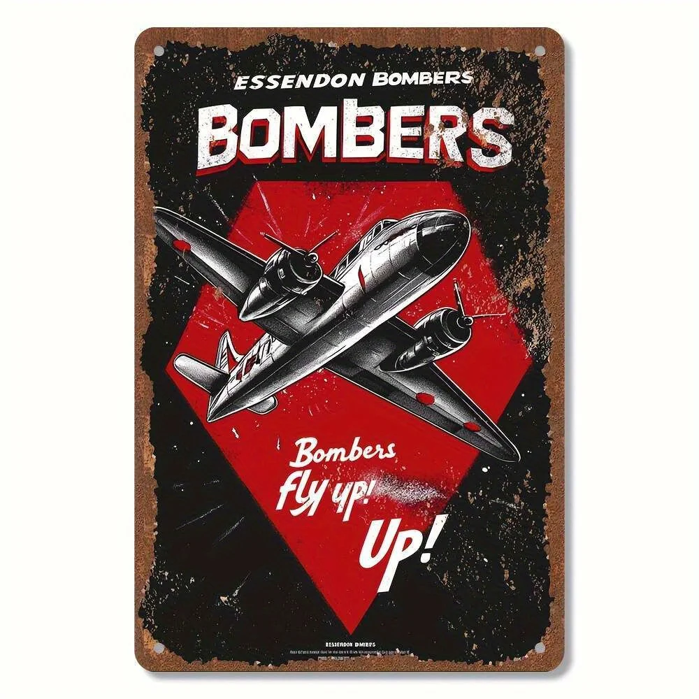 Essendon Bombers Retro Metall-Wandkunst Vintage Blechschild mit Vintage-Optik Schwarz-Rotes Flugzeug-Thema Heimdekoration für Luftfahrt-Enthusiasten