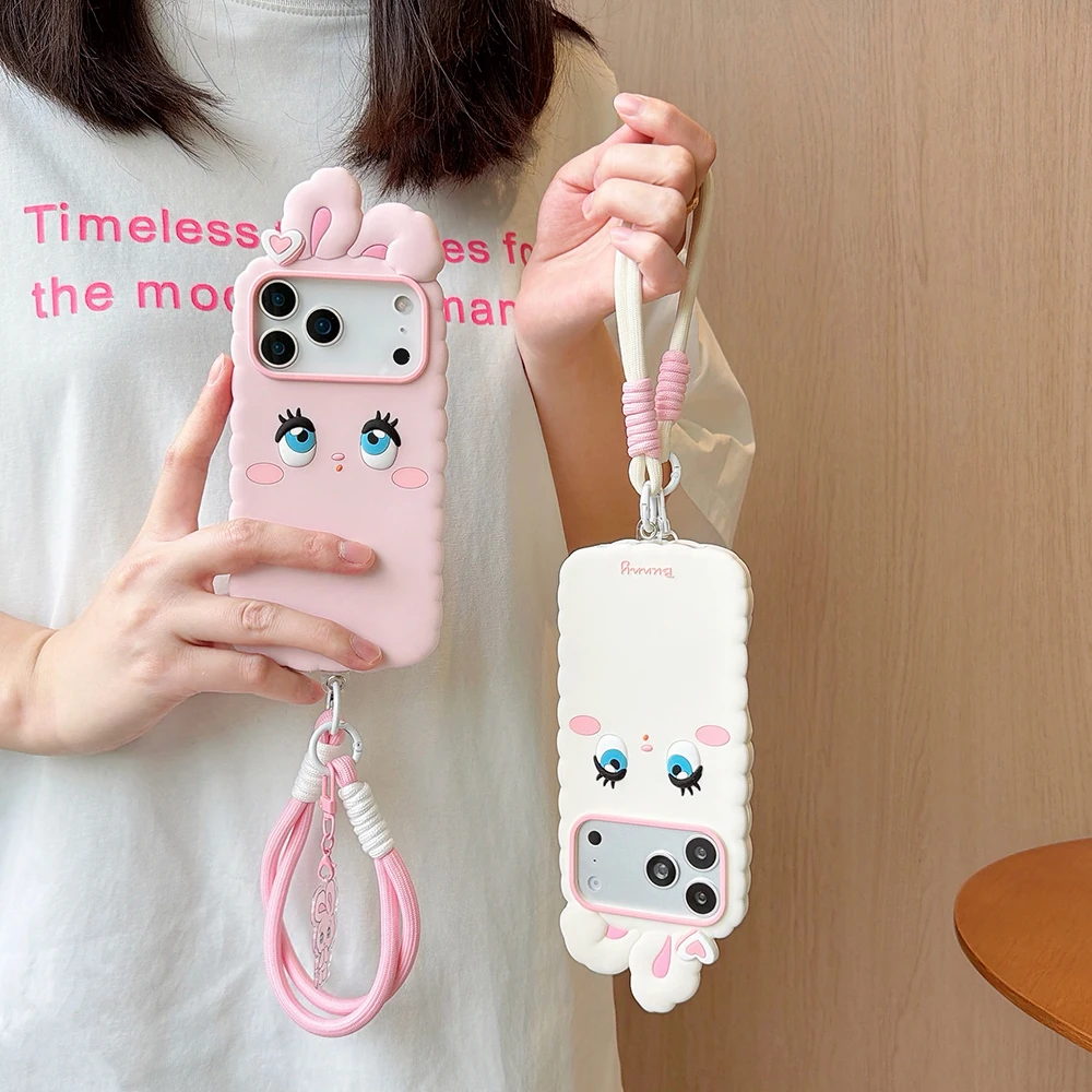Kawaii 3D Cartoon Hasen-Handyhülle aus weichem Silikon für iPhone 16 17 18 Pro Max, niedliche, stoßfeste Rückseite mit Trageband, Fundas – Detail 12