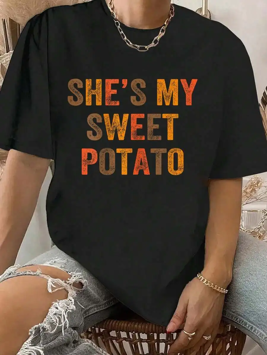 100% Cotton Set Couples Thanksgiving She's My Sweet Potato I Yam T-Shirt Suitable For All Seasons
