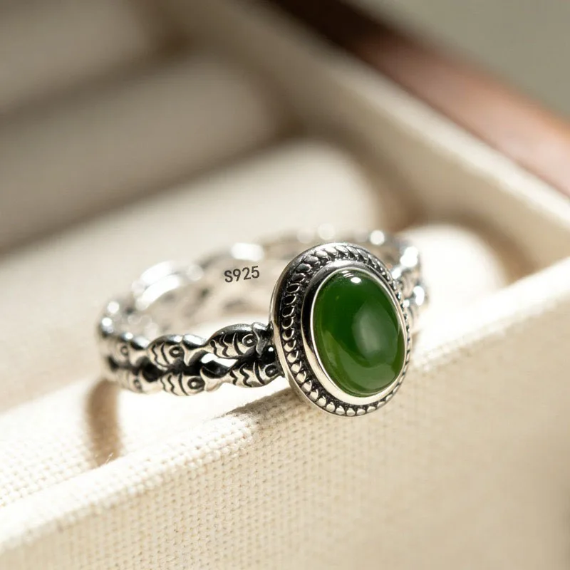BF CLUB 925 Sterling-Ringe für Damen, schlicht, geometrisch, handgefertigt, unregelmäßig, Retro-Ring mit grünem Stein, allergiefrei, als Geburtstagsgeschenk