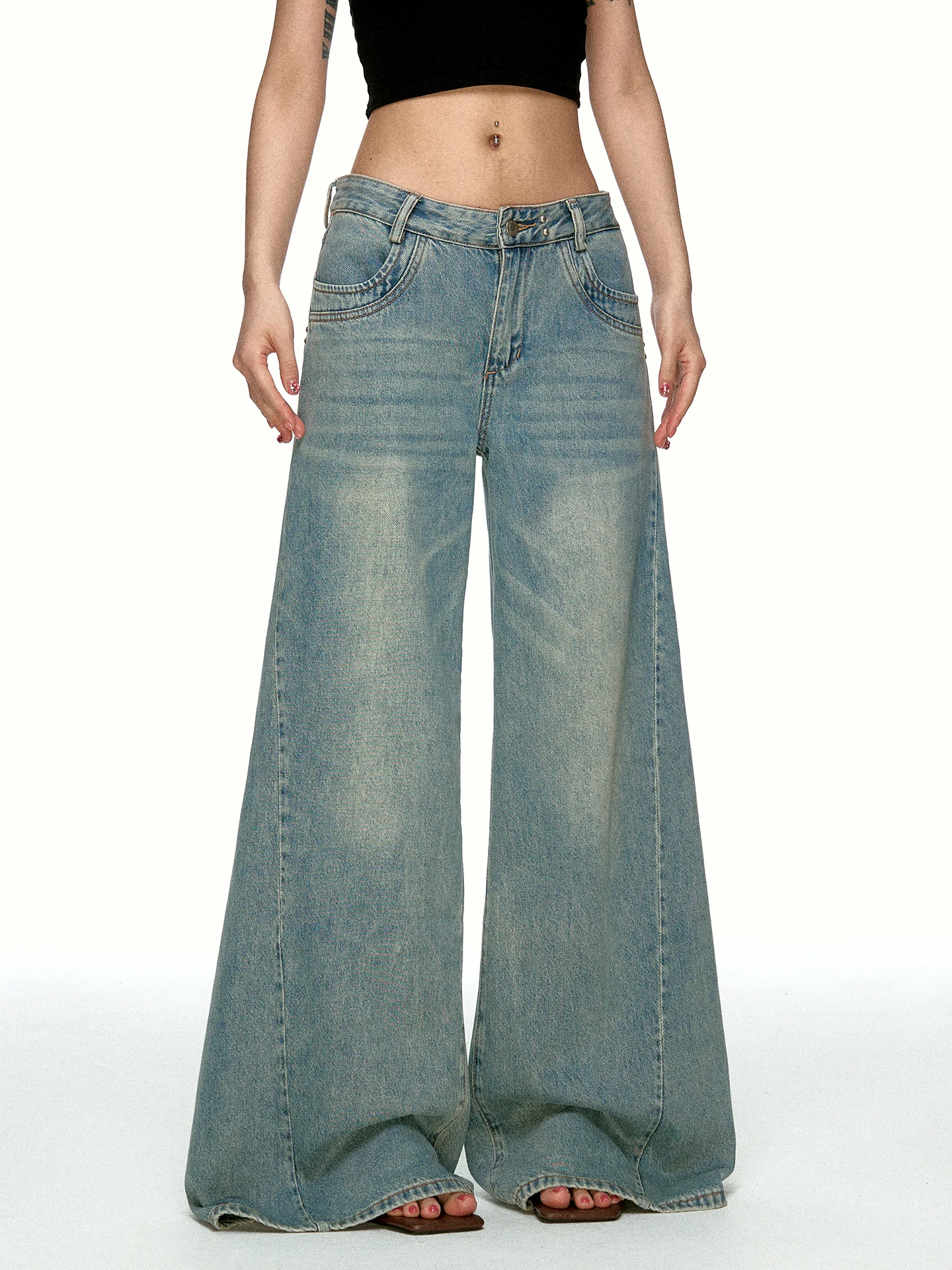 Aaisup American Decomposition Wide Leg Denim Jeans Women's Autumn Loose Draping Slimming Floor-Length Pants