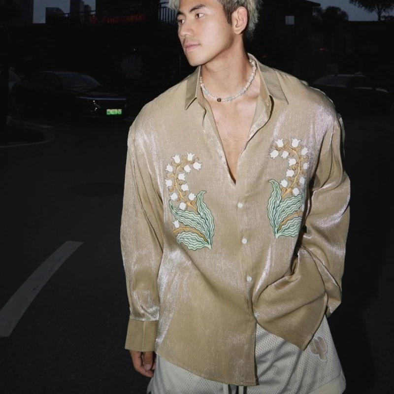 Fashion Original Gentle Flower Tops Men's 2025 Summer New Art Print Long Sleeve Shirts Male Trendy Retro Handsome Stylish Shirts