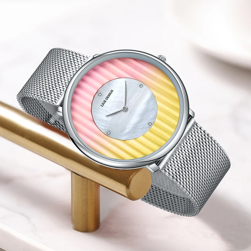 LIGE クラシック女性のクォーツ腕時計アウトドアスポーツ超薄型メッシュ防水時計女性カジュアルブレスレットウォッチギフト女性のための