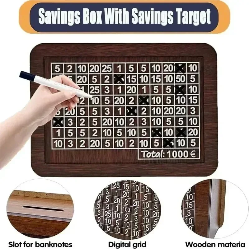 1000/2000/5000/10000 Piggy Bank Wooden Euro Money Box with Counter Cash Box with Savings Goals Budget Piggy Bank Financial Goals