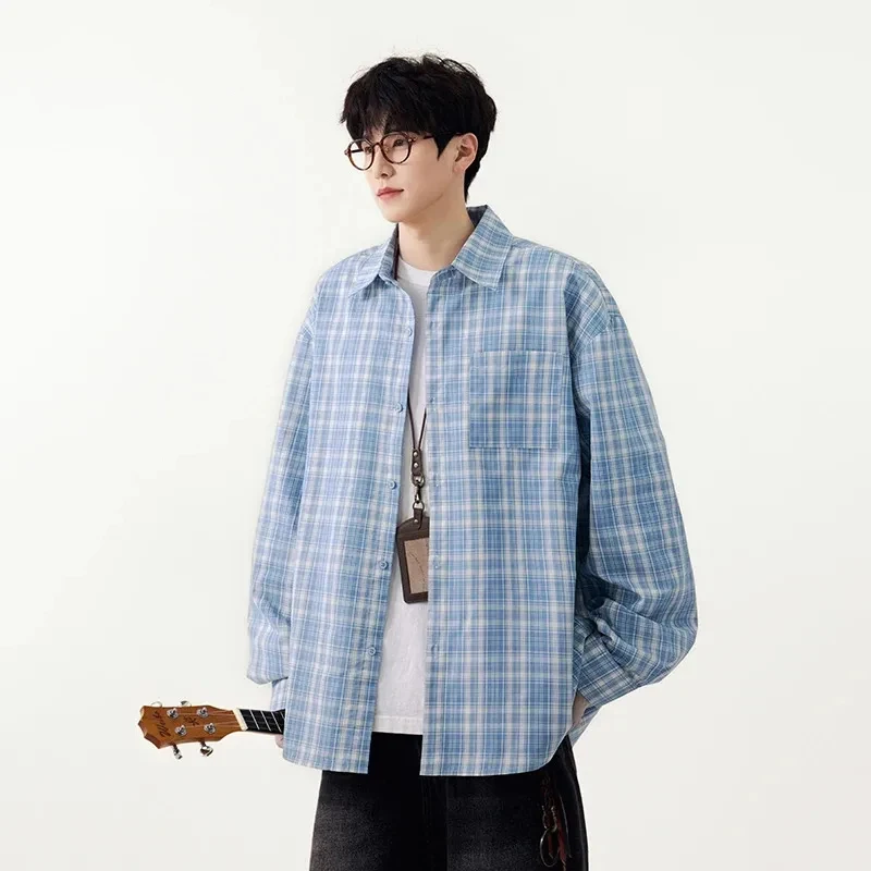 

American Style Plaid Casual Men's Longs Leeve Shirt Cotton Blue Plaid Printting Lapel Loose Causal Blouse Tops New