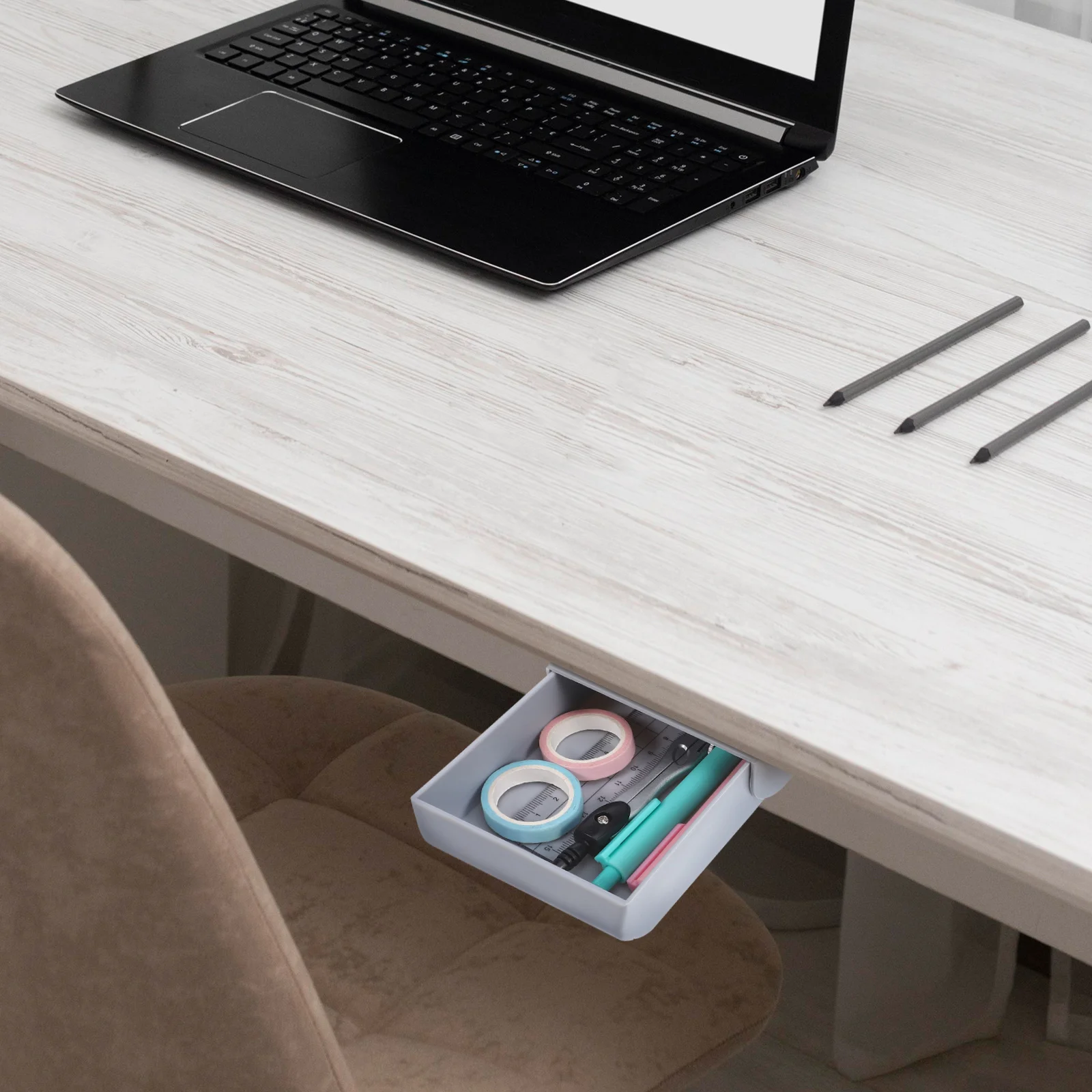 

2Pcs Desk Bottom Hidden Storage Box Adhesive Pen Box Drawer Type Organizer Stationery Container Space Saving for Student