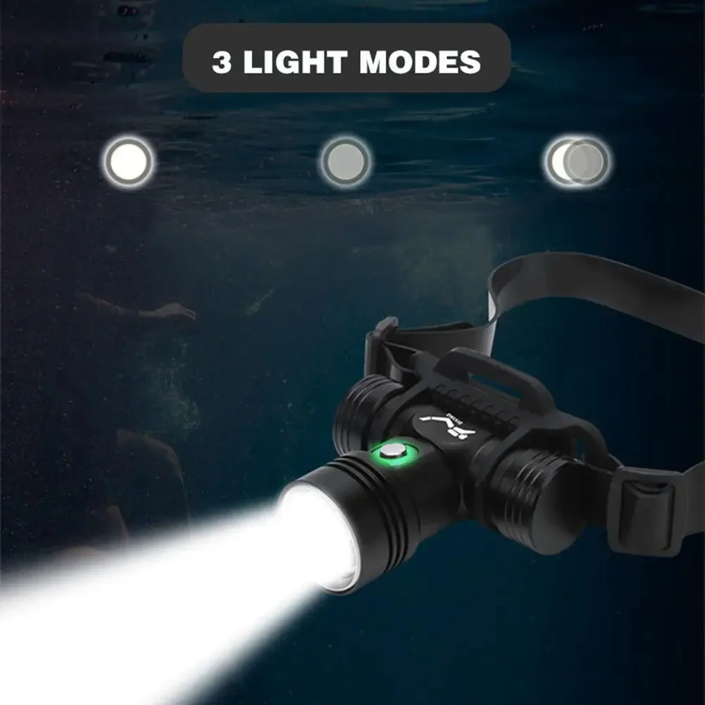 Linterna frontal LED recargable para buceo, linterna subacuática impermeable IPX8, 3 modos