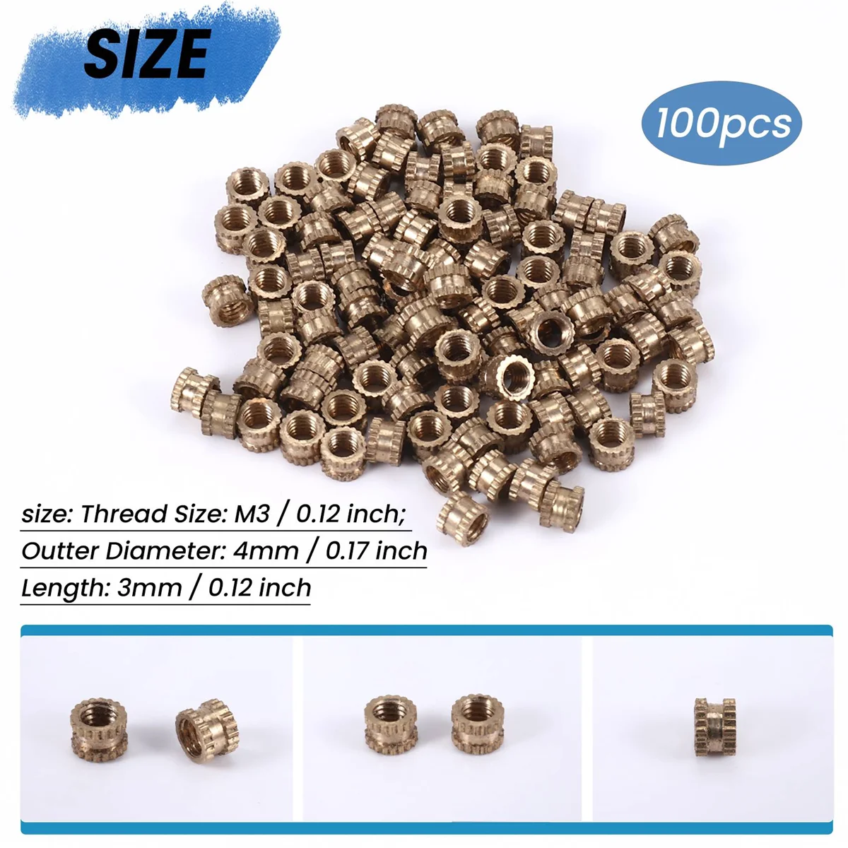 M3 x 3mm Female Thread Brass Knurled Threaded Insert Embedment Nuts 100PCS