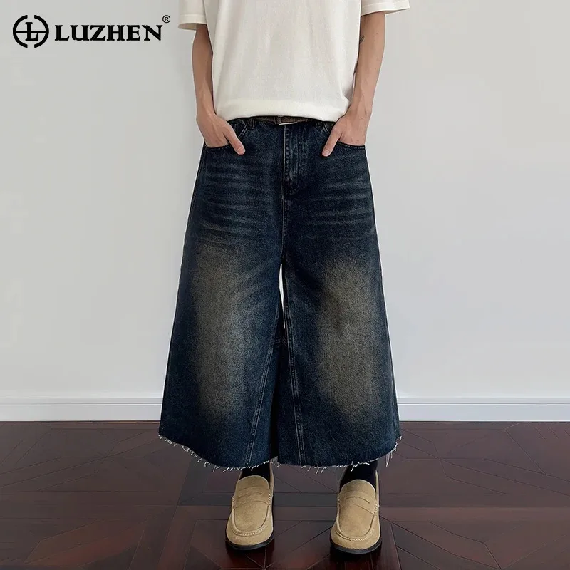 

LUZHEN 2025 Summer New High Quality Baggy Wide Leg Jeans Men Trendy Gradient Wornout Washed Straight Cropped Denim Pants JY2245