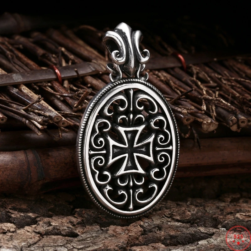 S925 Sterling Silver Pendants for Women Men New Fashion Vintage Hollow Eternal Rattan Cross Amulet Oval Jewelry Wholesale