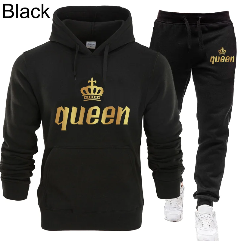 King and Queen Print Couple Fashion Hoodie Set Hoodie+Two Pants