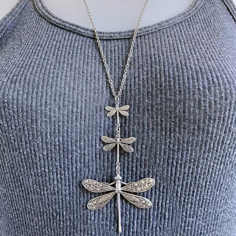 1pc Fashion Dragonfly Animal Vintage Metal Silver Color Long Necklace Woman Party Celebratory Party