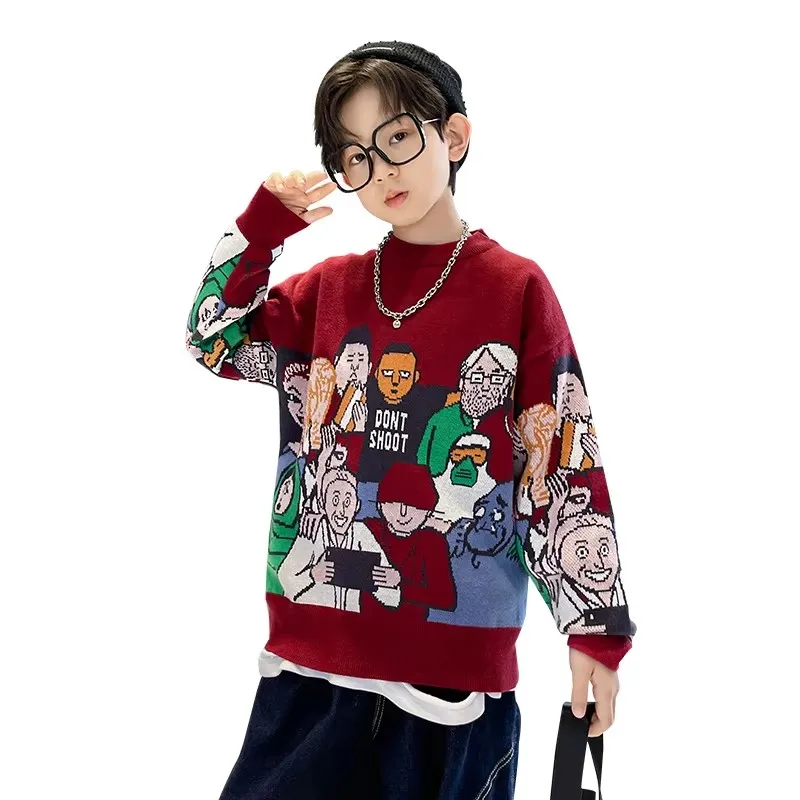 

Fancy Child Spring Sweaters with Cartoon Characters For Boy Fall Knit Costumes Kids Burgundy Grey Color Knitwear Teens Clothes