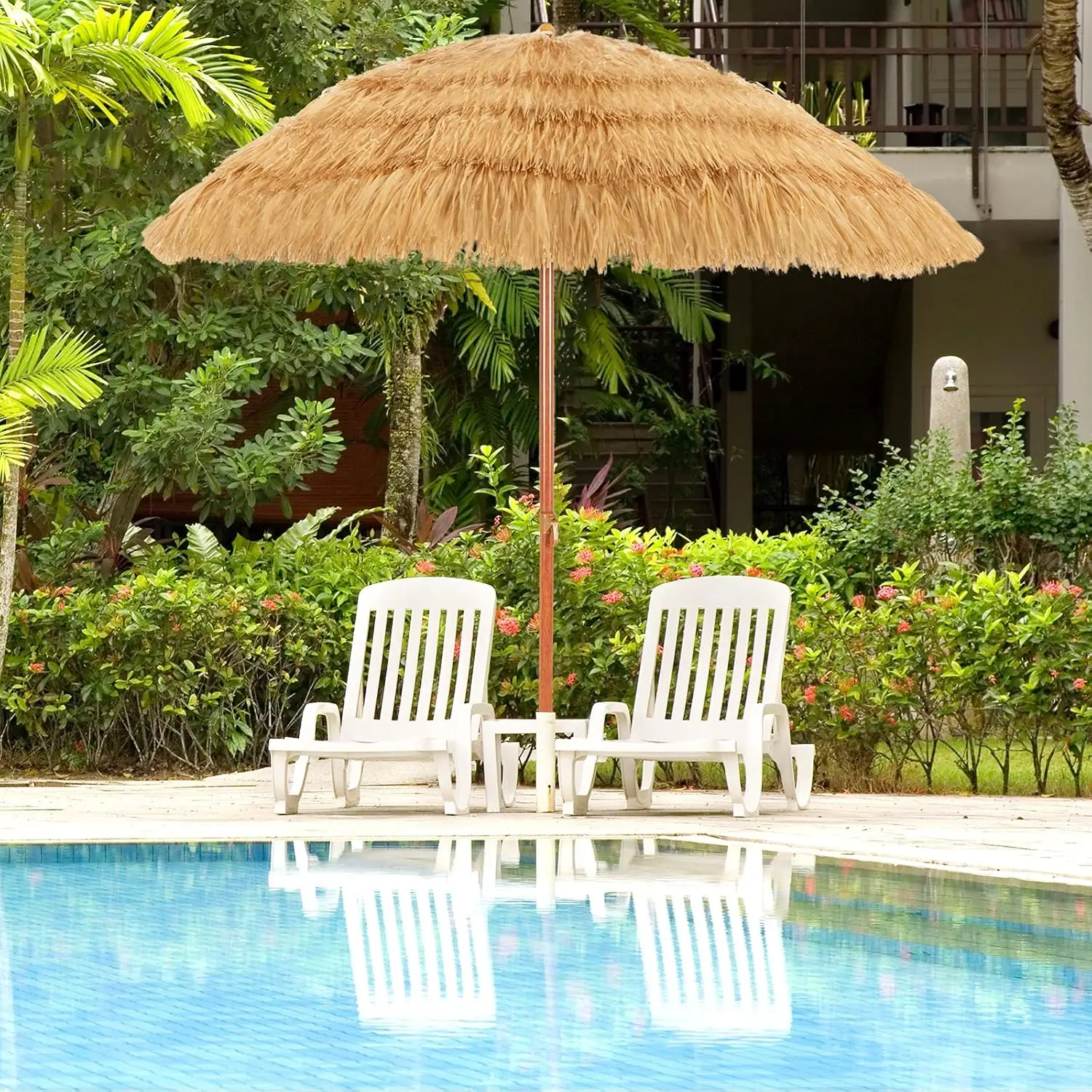 

6.5ft Thatched Tiki Umbrella Adjustable Tilt 8 Ribs & Iron Pole Portable Sunshade Umbrella (Base Excluded) (6.5ft)