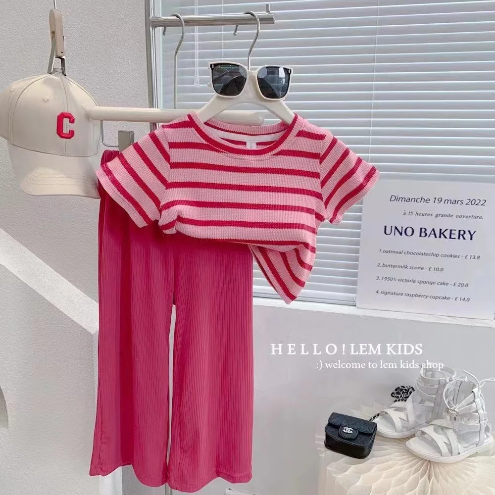 2024 Summer girls and children's new stylish striped short sleeve top cool wide leg pants 2-piece set suitable for 1 to 8 years image 2