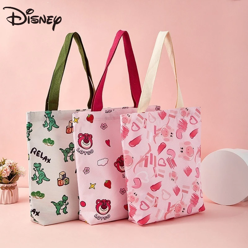 

Kawaii Disney Lotso Shoulder Canvas Bag Cute Cartoon with Zipper Storage Bag Student Trend Tote Bag Girls Holiday Gift