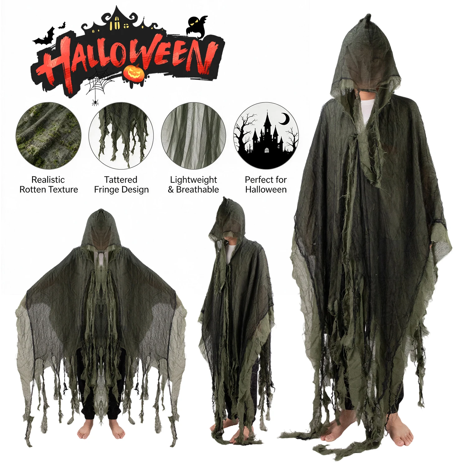 Mantello da morto di Halloween, lunghezza 160-190 cm, mantello da Halloween strappato con cappuccio e cordoncino, costume da spaventapasseri zombie con dettagli strappati, taglia unica adatta alla