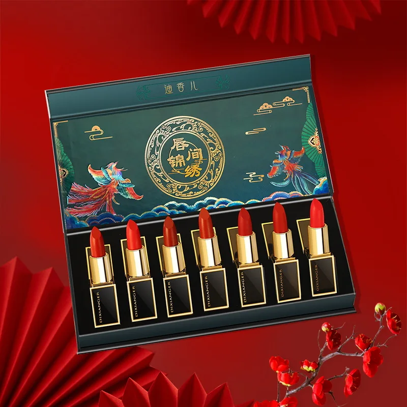 Conjunto de batom esculpido estilo chinês, conjunto de maquiagem duradouro, hidratante, dia dos namorados, ano novo, presente de aniversário, batom, 7 peças