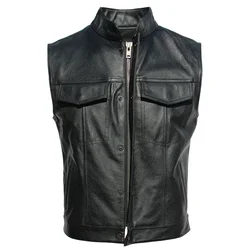 Embroidery Motorcycle Biker Leather Vest Men Genuine Leather Sleeveless Jacket Real Cowhide Club Vest Riding 6XL