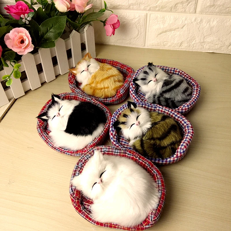 Mini Sleeping Cats On Cushion Sound Simulation Cat Doll Ornaments Cloth Plush Cats For Children Car Home Decor Birthday Gifts