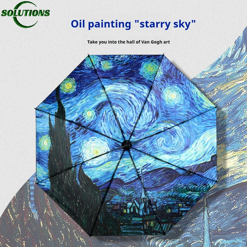 Umbrella Van Gogh Oil Painting Small Fresh Vinyl Oil Windproof Wind Resistant Sun Folding Small Portable Automatic Umbrella  ﻿