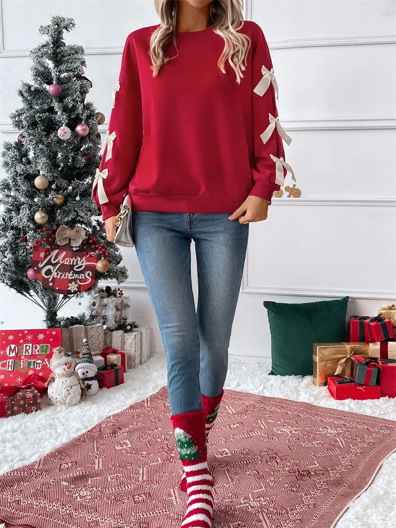 ZAROY Women Long Sleeve Sweatshirt Autumn Long Sleeve O Neck Sweet Bow Decorate Pullover Casual Festival Tops Sudaderas свит