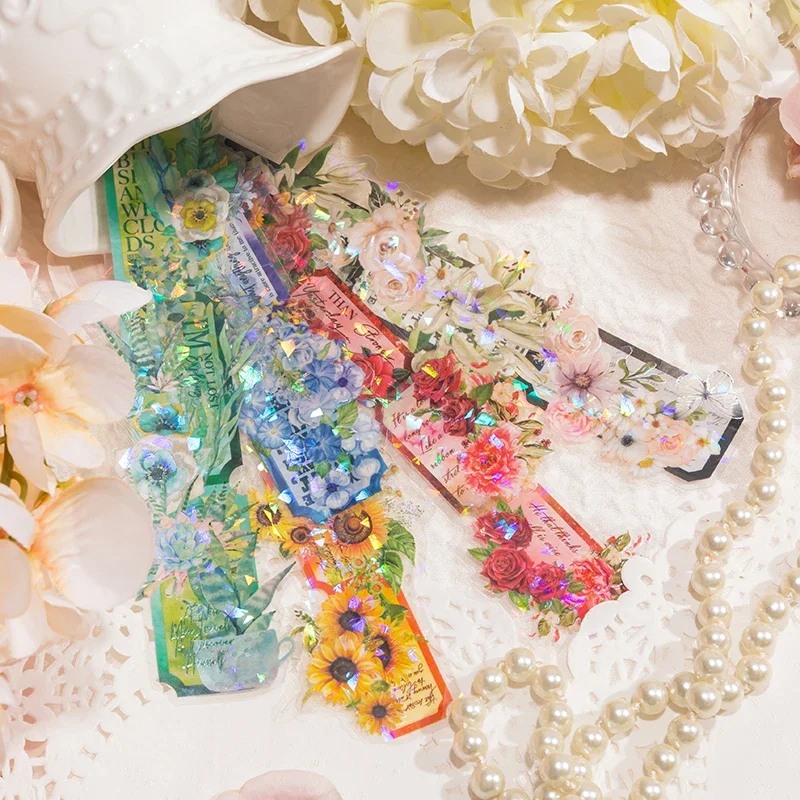 

5 Sheets PET sticker Flash sticker flower colorful Flower Series DIY material Scrapbooking Long Strip Sticker 215*55mm