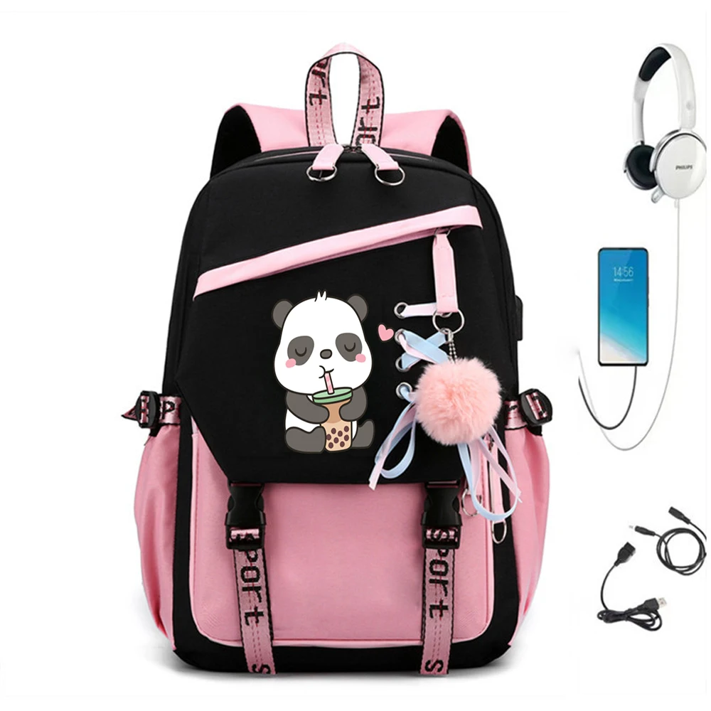 Panda เครื่องดื่ม Boba ชาอะนิเมะกระเป๋าเป้สะพายหลังโรงเรียนกระเป๋าสาว Back Pack สําหรับวัยรุ่นกระเป๋านักเรียนหญิงหลักผู้หญิงกระเป๋าเป้สะพายหลังวัยรุ่น Bookbag