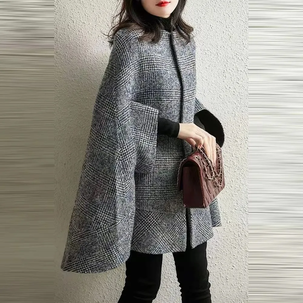 Manteau en laine à carreaux Everak pour femme, veste mi-longue, poncho à boutons, col rond, manches 3/4, élégant, mode automne et hiver