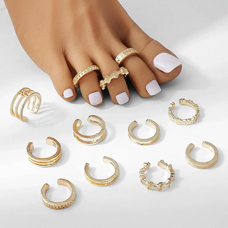 12pcs Toe Lady Toe Rings Summer Fashion Foot Beach Open Barefoot Finger Adjustable Rings Cute Heart Feather Jewelry Silver/Gold
