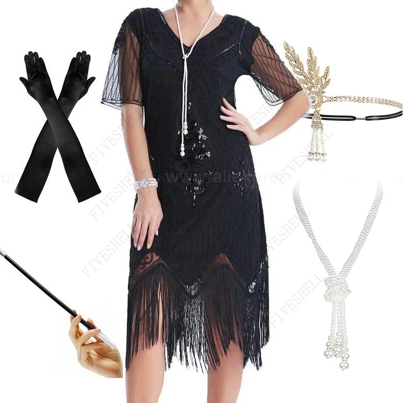 Plus tamanho 5xl/4xl feminino vintage 1920s gatsby lantejoulas frisado longo franjas borlas hem flapper vestido de festa/acessórios conjunto