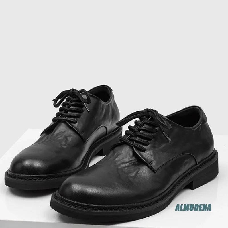 

Black Leather Men's Casual Dress Shoes Round Toe Lace-Up Low Heel Street Style Urban Versatile Business Daily Wear Shoes