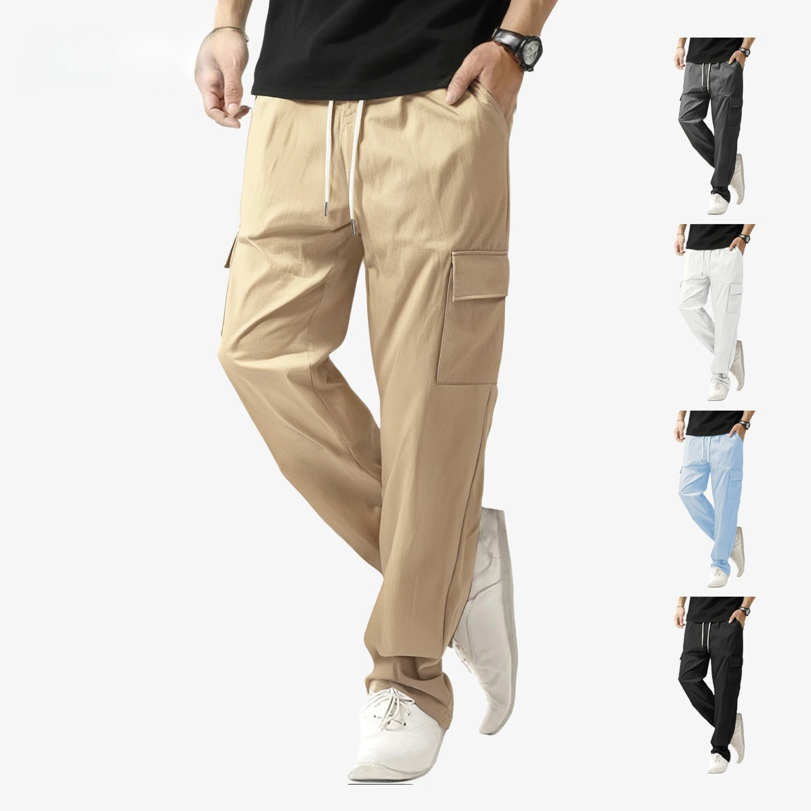 Primavera verão em linha reta casual calças compridas para homens sólido cintura elástica cordão bolsos calças de carga calças esportivas de secagem rápida