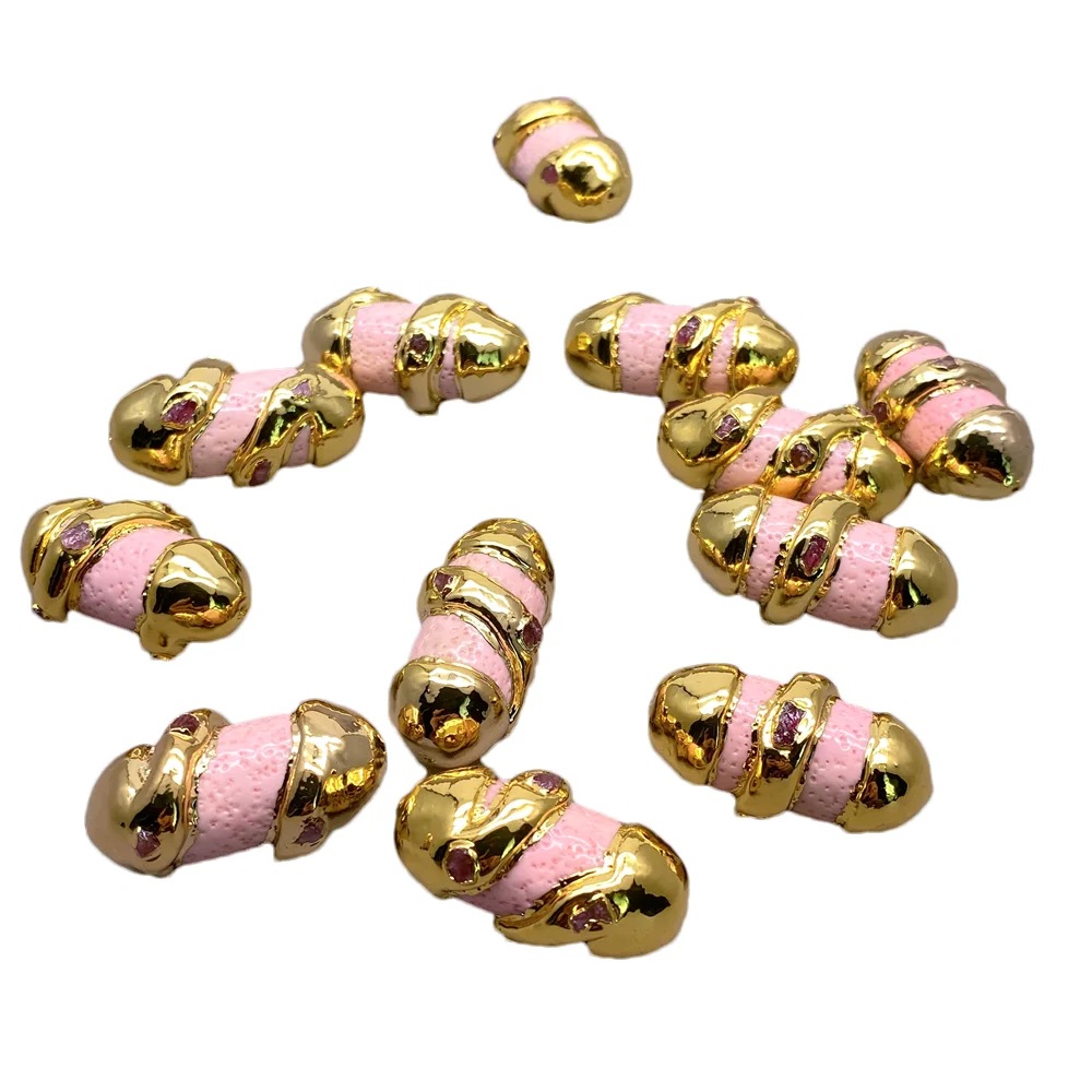 5 Pcs 18x32mm Pink Sponge Coral Red Tourmaline Raw Beads Connector Jewelry Making DIY