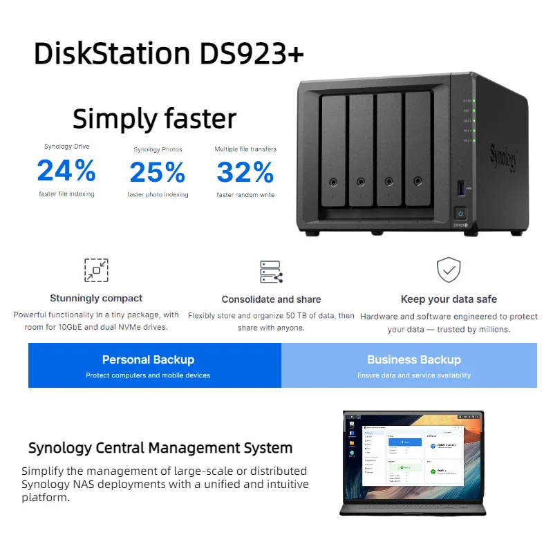 Synology Ds923+ 4-Bay Nas Network Storage Enclosure 64-Bit 2-Core 2.6 3.1 Ghz Cpu Frequency Supporting 3.5