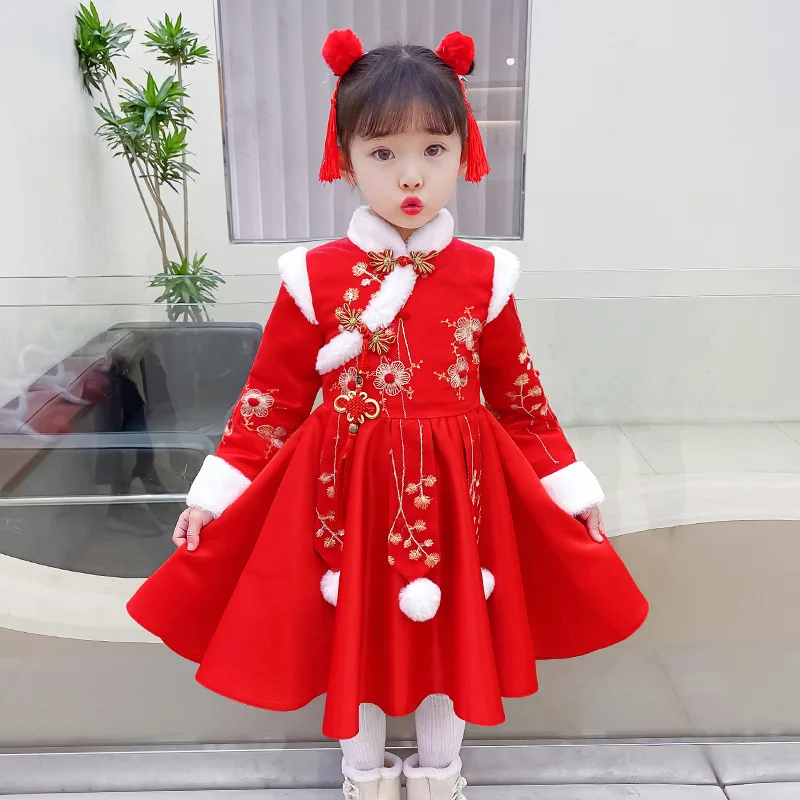 

Winter Cotton Girls Embroidery Cotton-padded Clothes Kids New Year Dress Chinese Lovely Tang Suit Children Ancient Hanfu