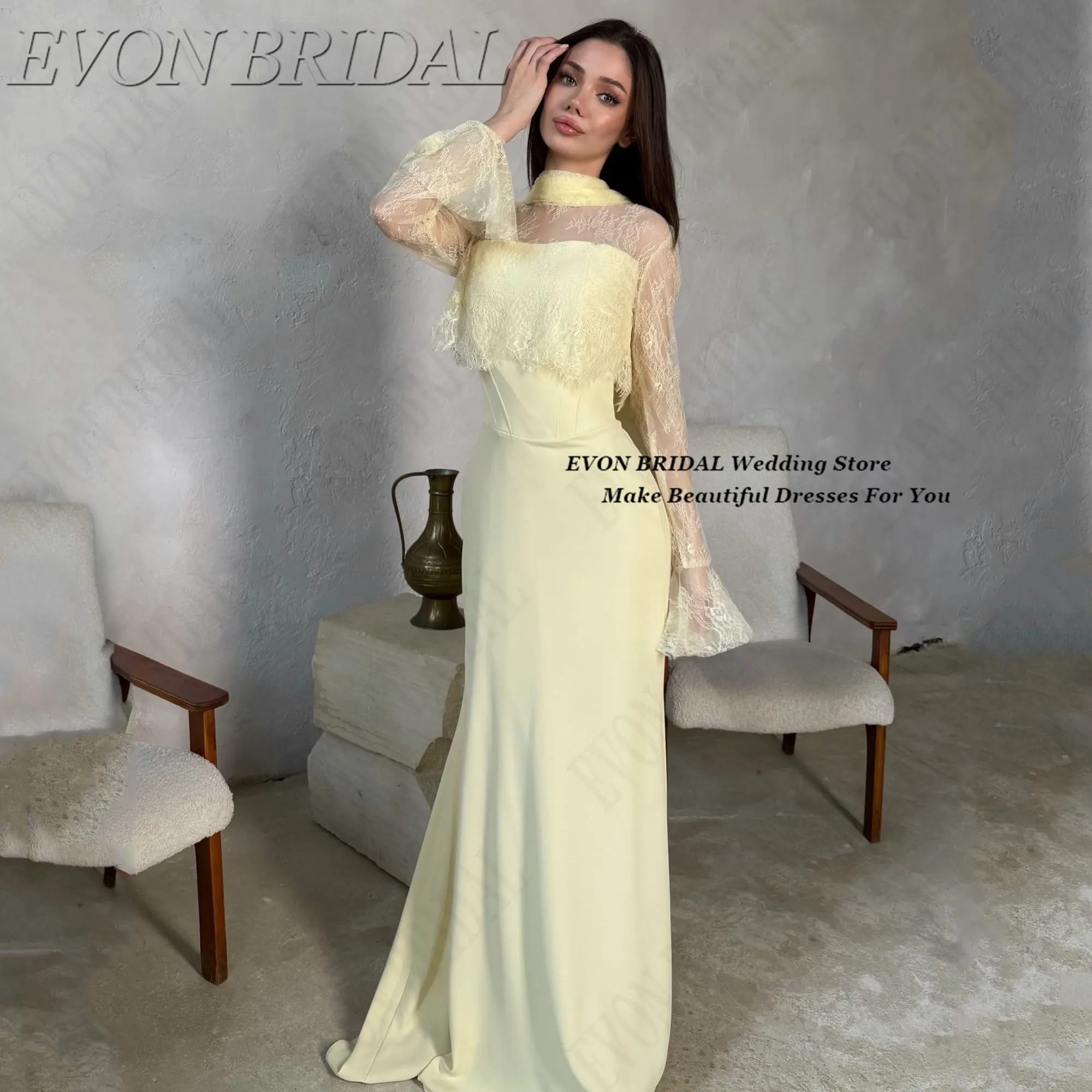 Encantador Vestido de Noche Amarillo para Mujer, Vestido de Fiesta de Encaje con Mangas Largas, Vestido de Graduación Personalizado Estilo Sirena, Vestido de Gala EVON BRIDAL para Ocasiones Formales Encantador vestido