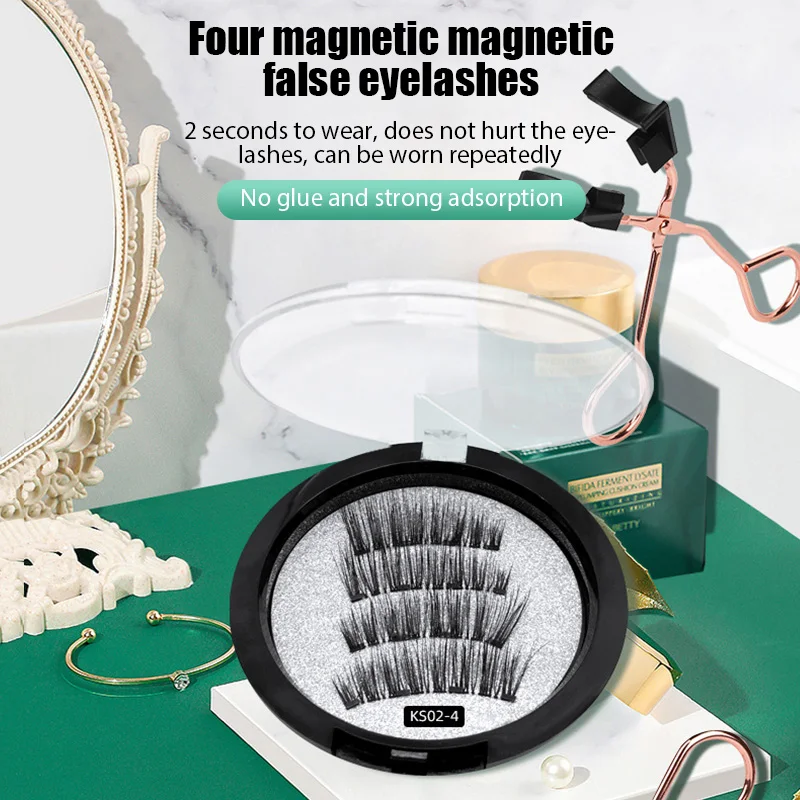 4 Magnets 3D Magnetic False Eyelashes Handmade Faux Cils Glue-free Magnetic Natural Mink Eyelashes with Tweezers