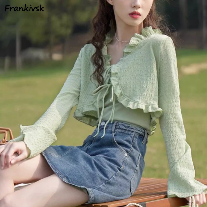 

Women Fungus Lace-up Cardigan Solid Colors Simple Tender Temperament Spring Versatile Classical Long Sleeve Sweet Korean Style