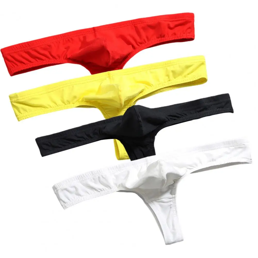 Men Underpants Sexy Thong Solid Color T-String Three-Point U Convex Bag Briefs Low-rise Elastic Breathable Panties