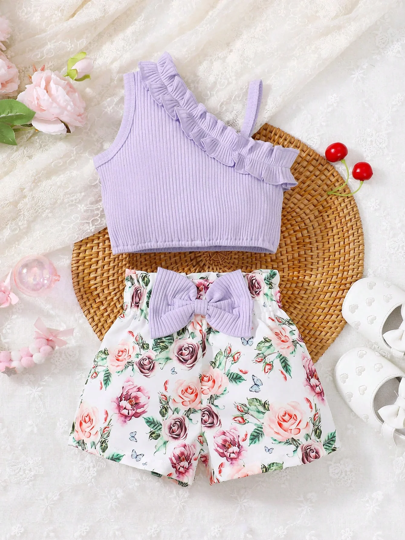 New Newborn Girl Baby Summer Sling Sleeveless Cotton Casual Daily Big Bow Print Baby Clothing Set