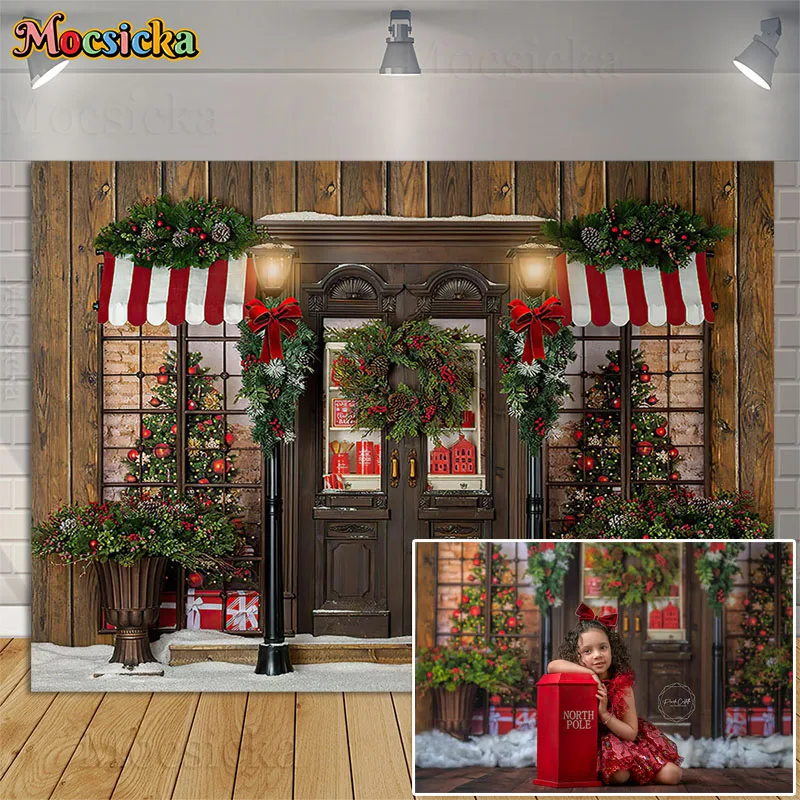 

Merry Christmas Lane Photography Backdrop Toy Shop Wooden Wall Decor Xmas Tree Holiday Family Kids Portrait Background Photocall