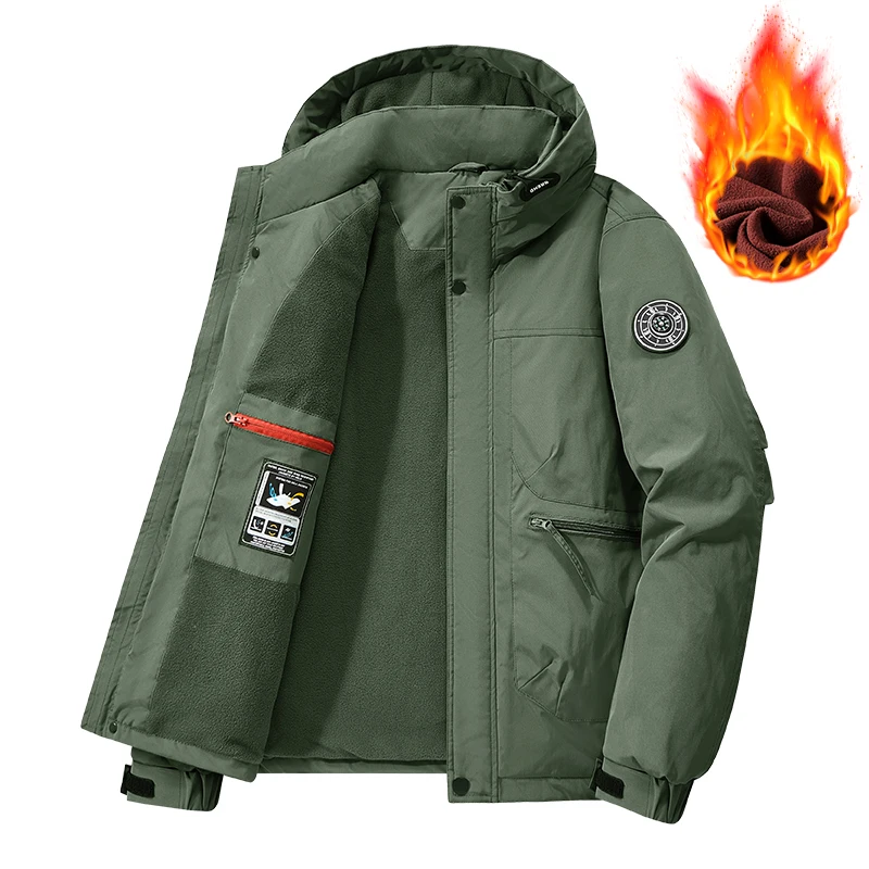 Men's Winter Fleece-Lined Hooded Jacket, Three-Layer Warm Workwear for Outdoor Camping and Daily Commute, Oxford
