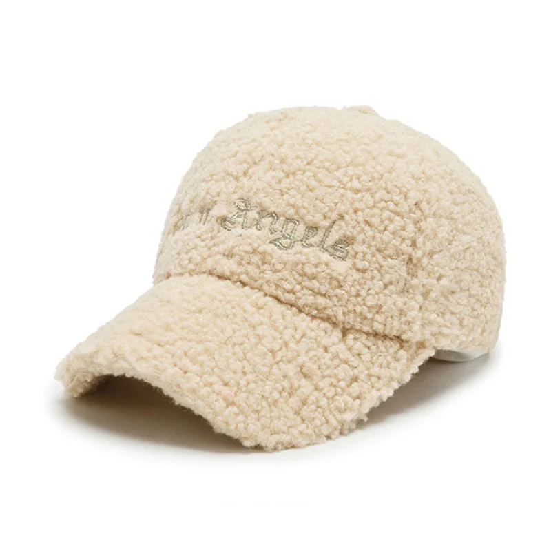 Men Women Teddy Velvet Embroidery Letter SunShade Curved Brim Baseball Cap Winter Sport Sunscreen Plush Warm Adjustable Hat