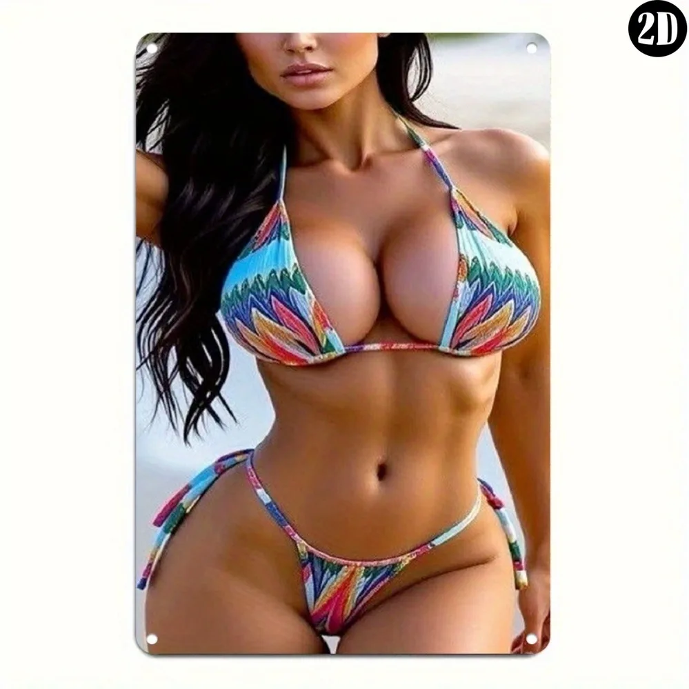 2D FLAT,Vintage Tin Sign Summer Beach Style - Colorful Bikini Beauty Print Wall Art Decor 8x12 Inch 1PC