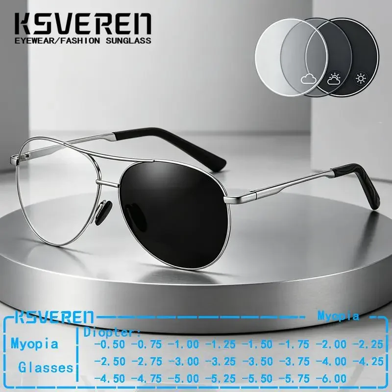 Metal Pilot Double Bridge Photochromic Myopia Glasses Men Women Trendy Sun Discolor Prescription Eyewear Negative Diopter