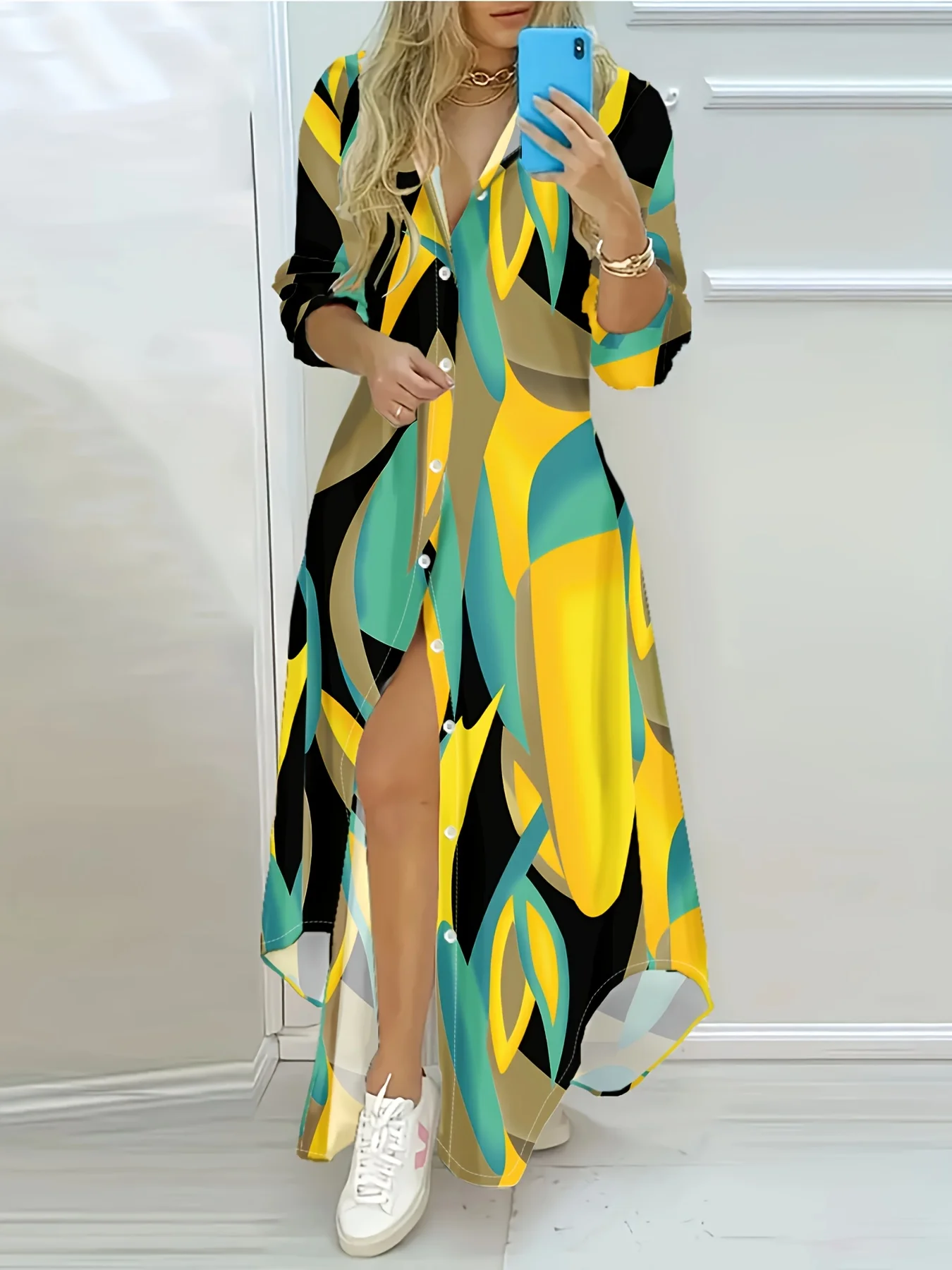 Künstlerisches geometrisches Farbblock-Print Langarm-Midikleid für Damen – Lässige Sommer- und Herbstmode, A-Linien-Bodycon-Kleid für Büro und Party