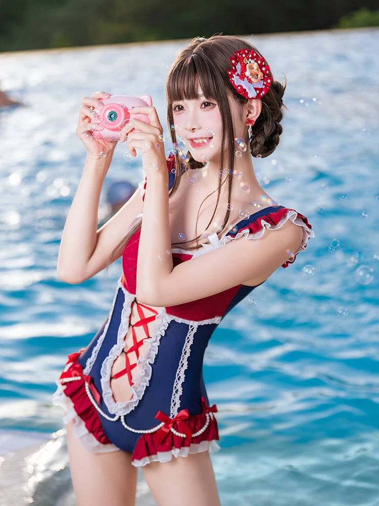 Swimsuit Girl 2025 Summer New JK Lolita Lace-up Triangular One-piece Swimwear Sweet Bow Pool Party Sexy Cute Suspender Swimsuits